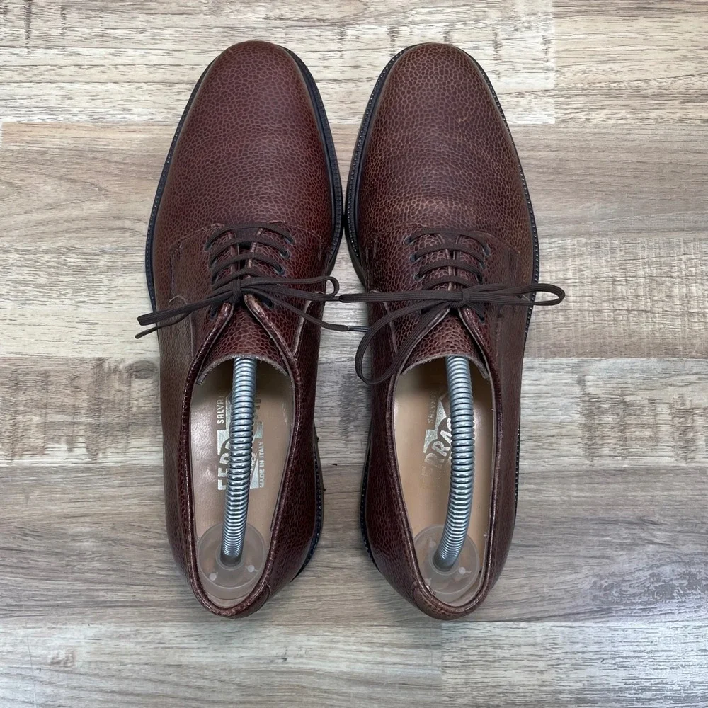 Salvatore Ferragamo Men Brown Pebbled Leather Lug Sole Derby Shoes Size 8.5D EUC